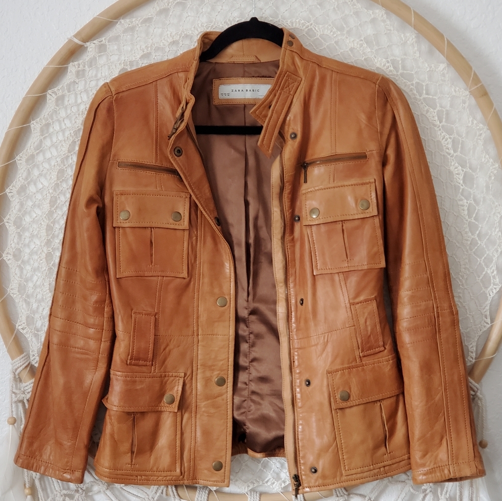 Zara Basic Leather Utility Multi Pocket Jacket